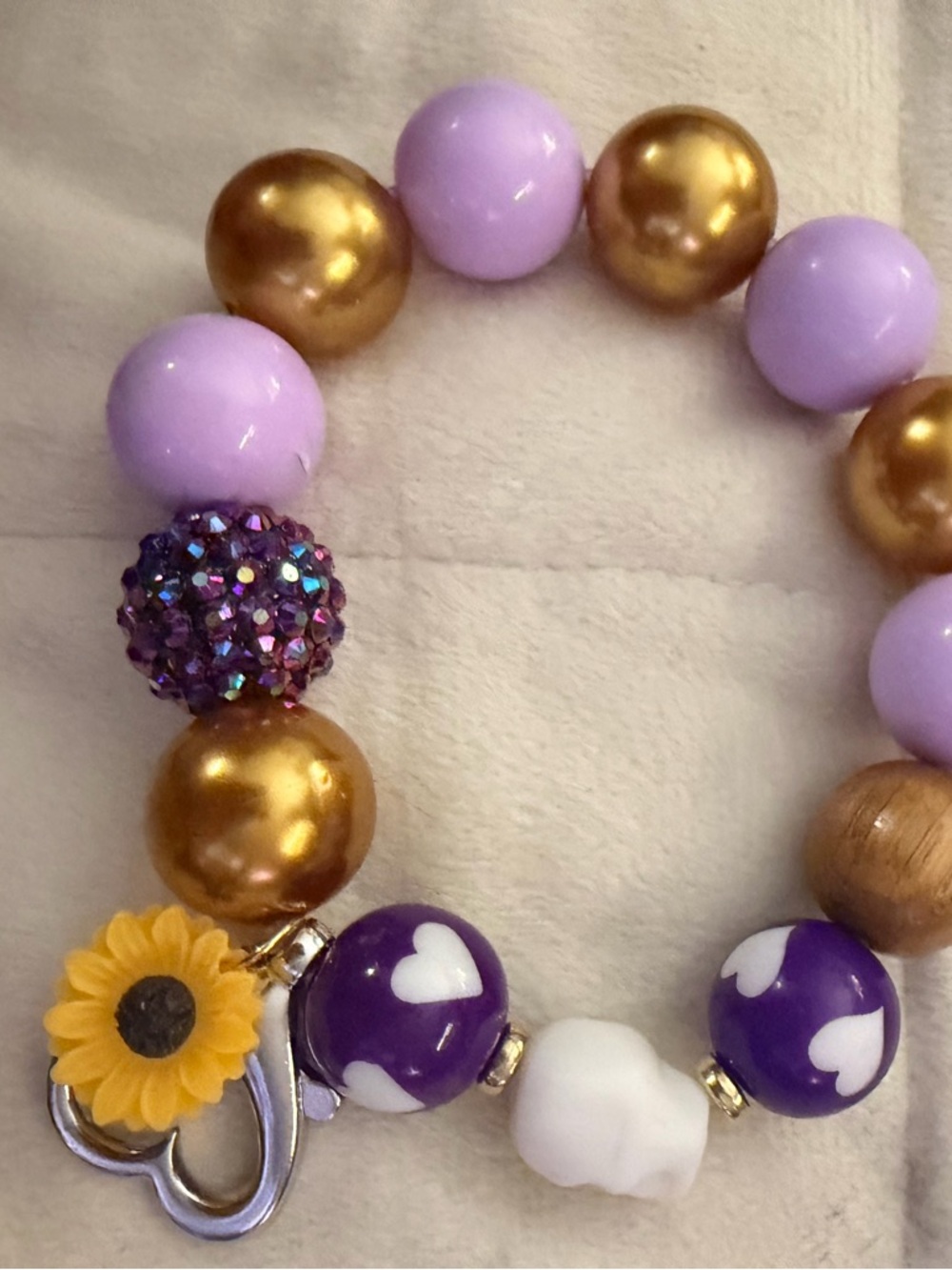 Lavender & Gold Beaded Stretch Bracelet Keychain with Purple Heart Beads